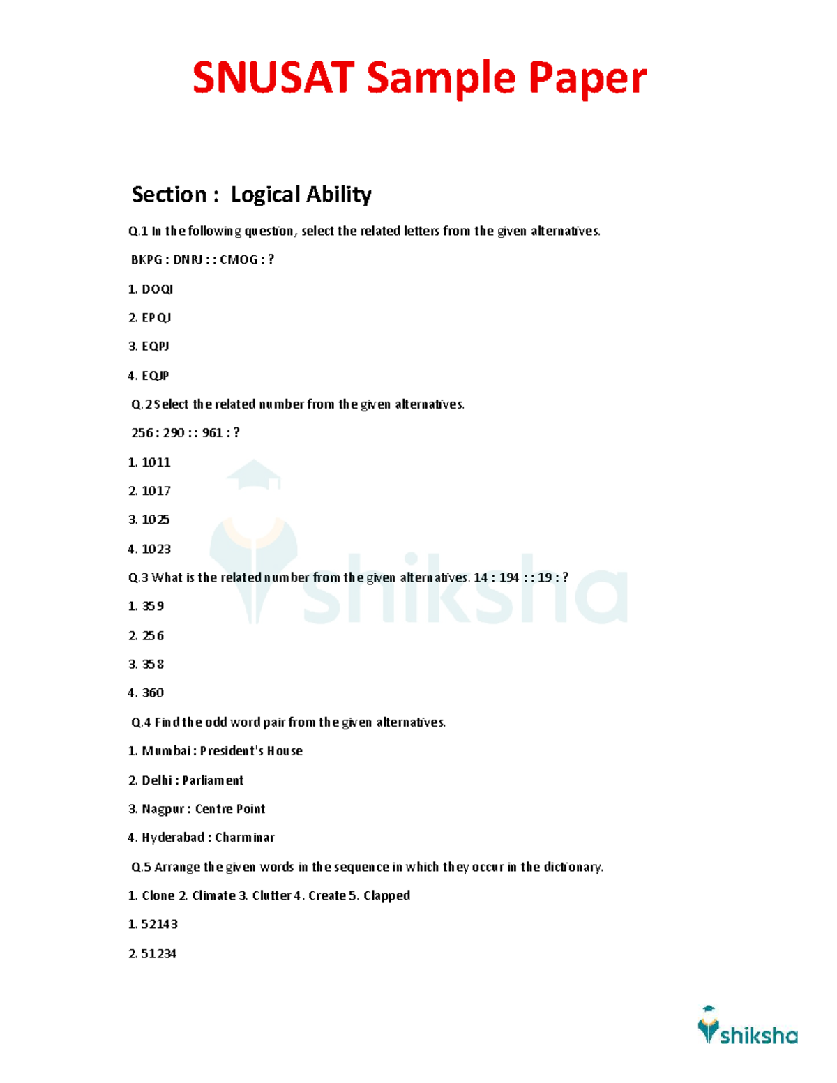 SNUSAT Sample Paper: Logical & Quantitative Reasoning - Studocu