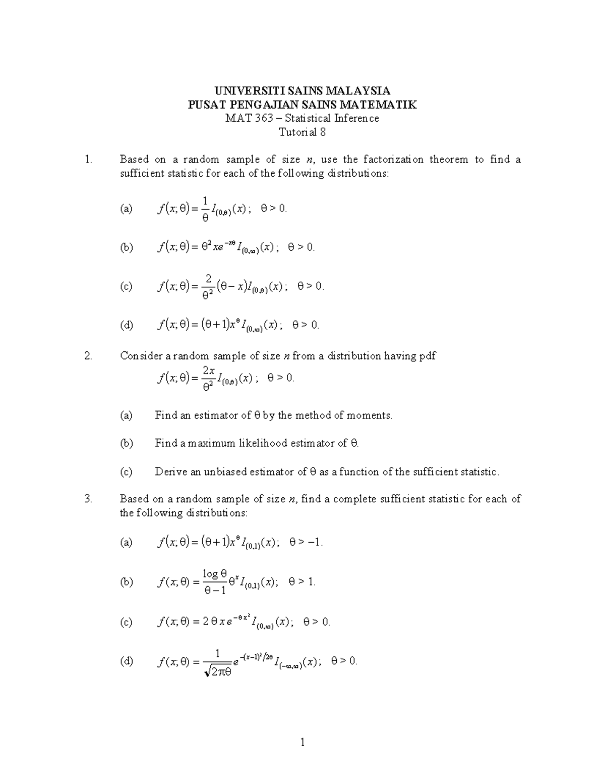 MAT363 Statistical Inference Tutorial 8 Questions and Solutions - Studocu