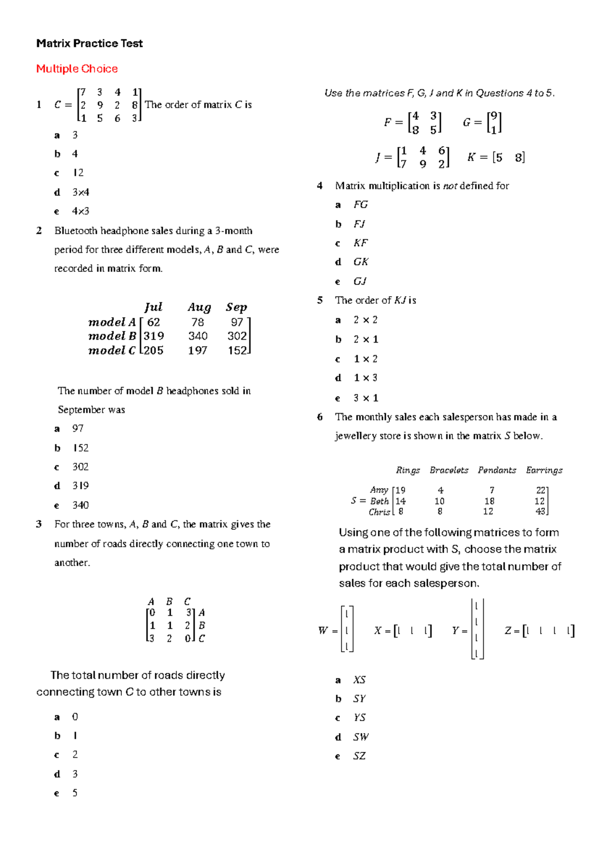 Matrix Practice Test MC 1 2 7 3: Multiple Choice & Short Answers - Studocu