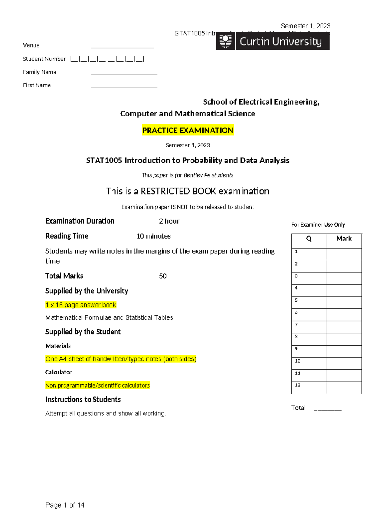 Practice Final Exam Answers for STAT1005: Probability & Data Analysis ...