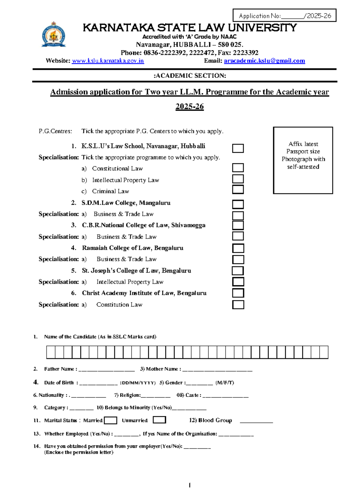 LLM Admission Application - Karnataka State Law University - Studocu