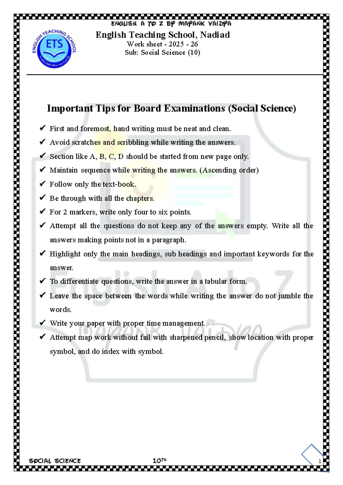 Social Science (10) Important Tips for Board Exams - SS10 Worksheets ...