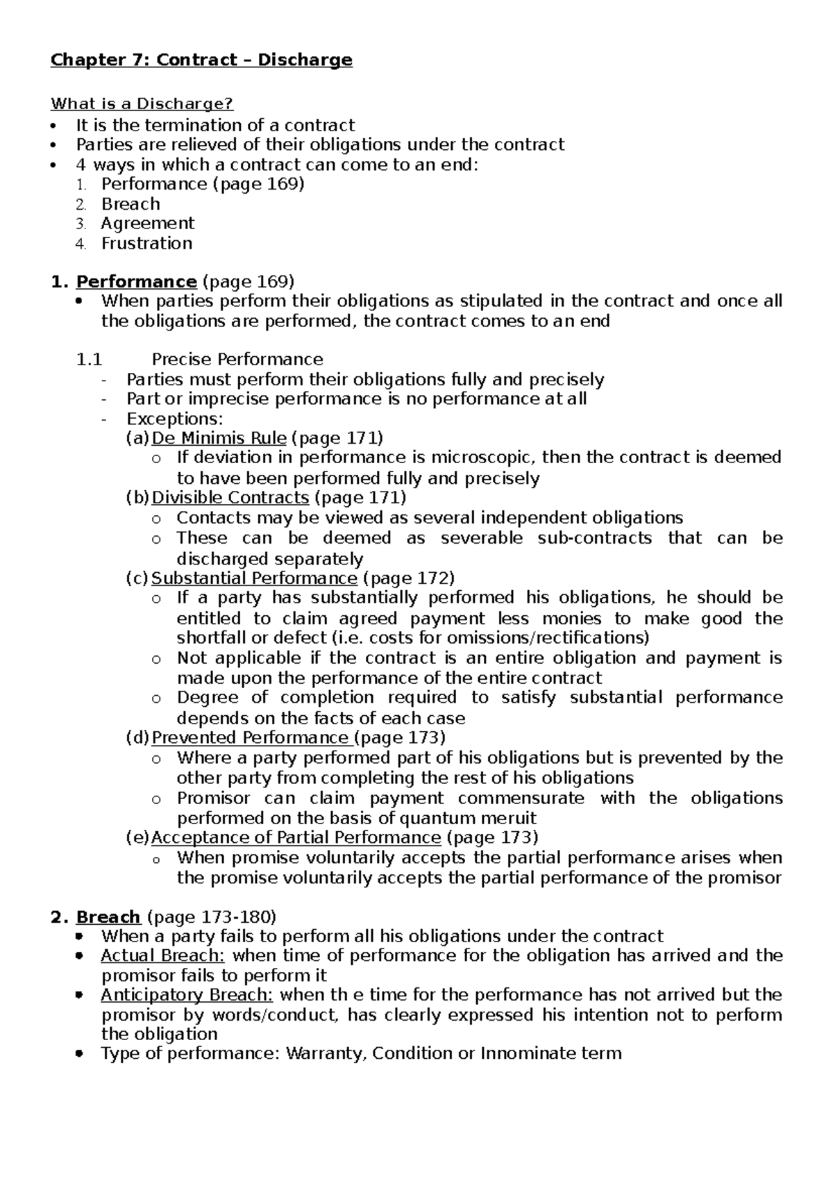 Law Notes 5 - law unit 5 - Chapter 7: Contract – Discharge What is a ...