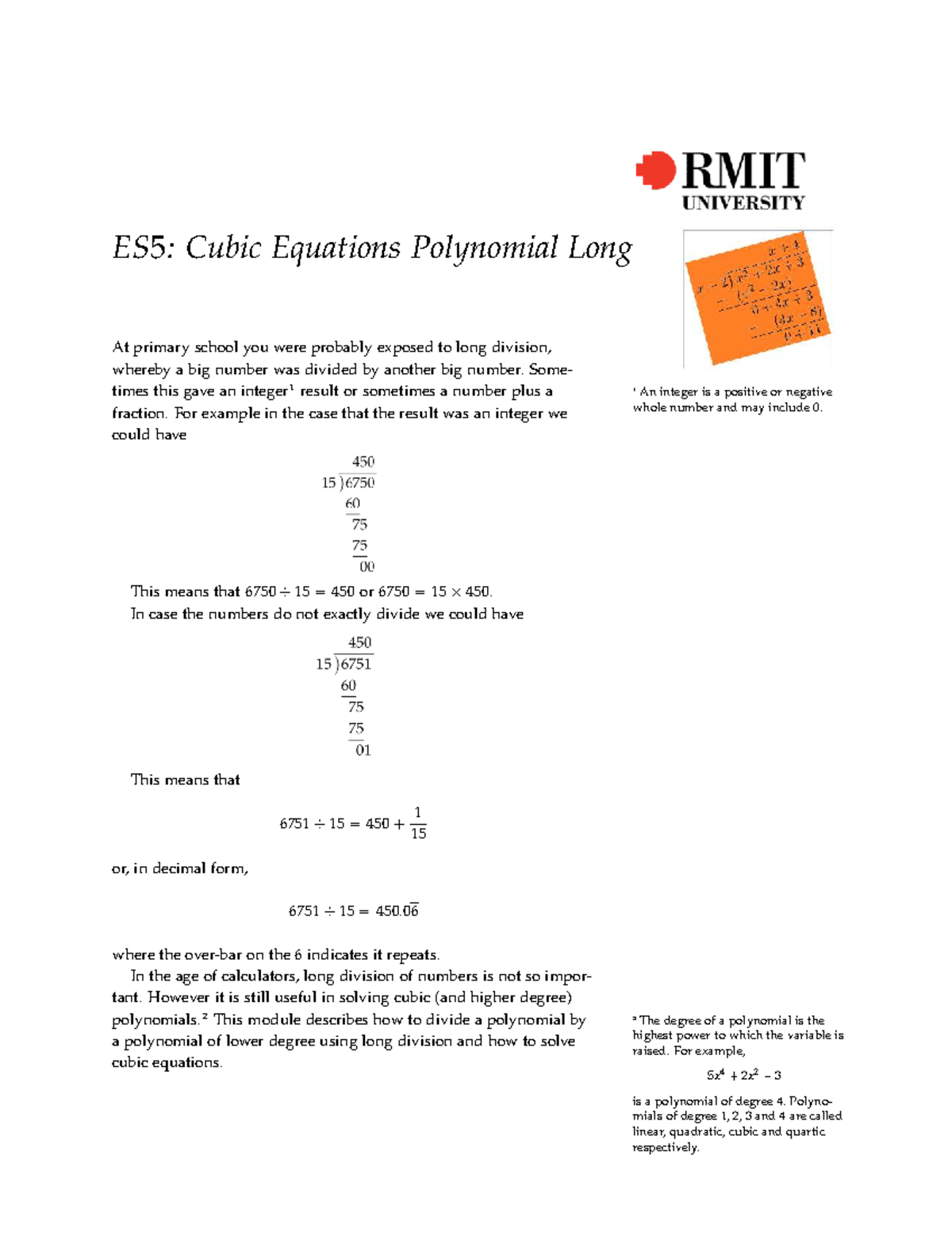 ES5: Understanding Cubic Equations & Polynomial Long Division - Studocu