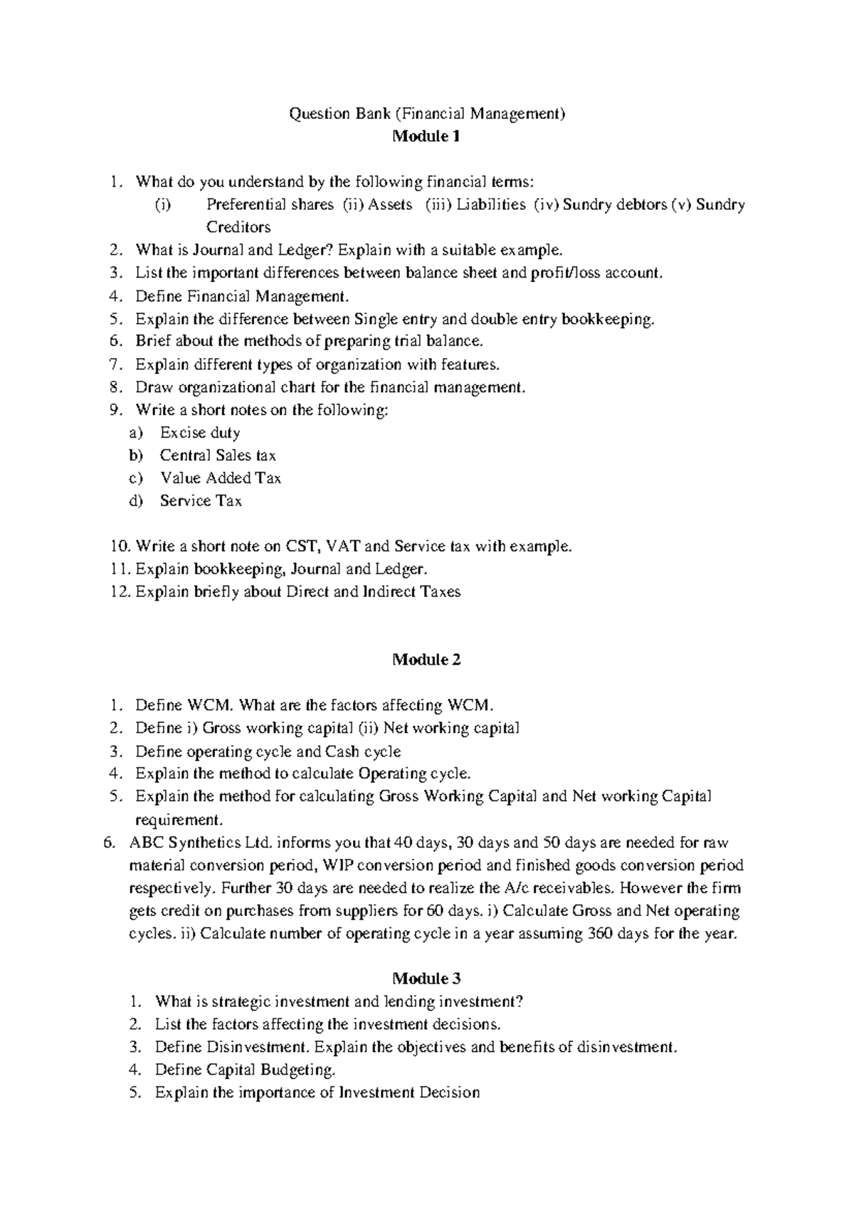 Financial Management Question Bank for Exam - Question Bank (Financial ...