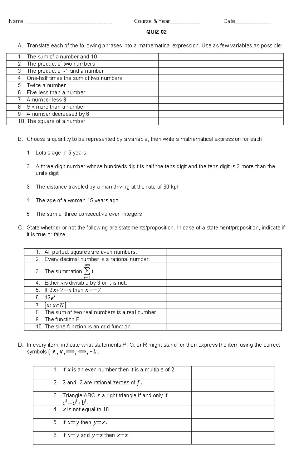 Course QUIZ 02: Mathematical Expressions and Logic Exercises - Studocu