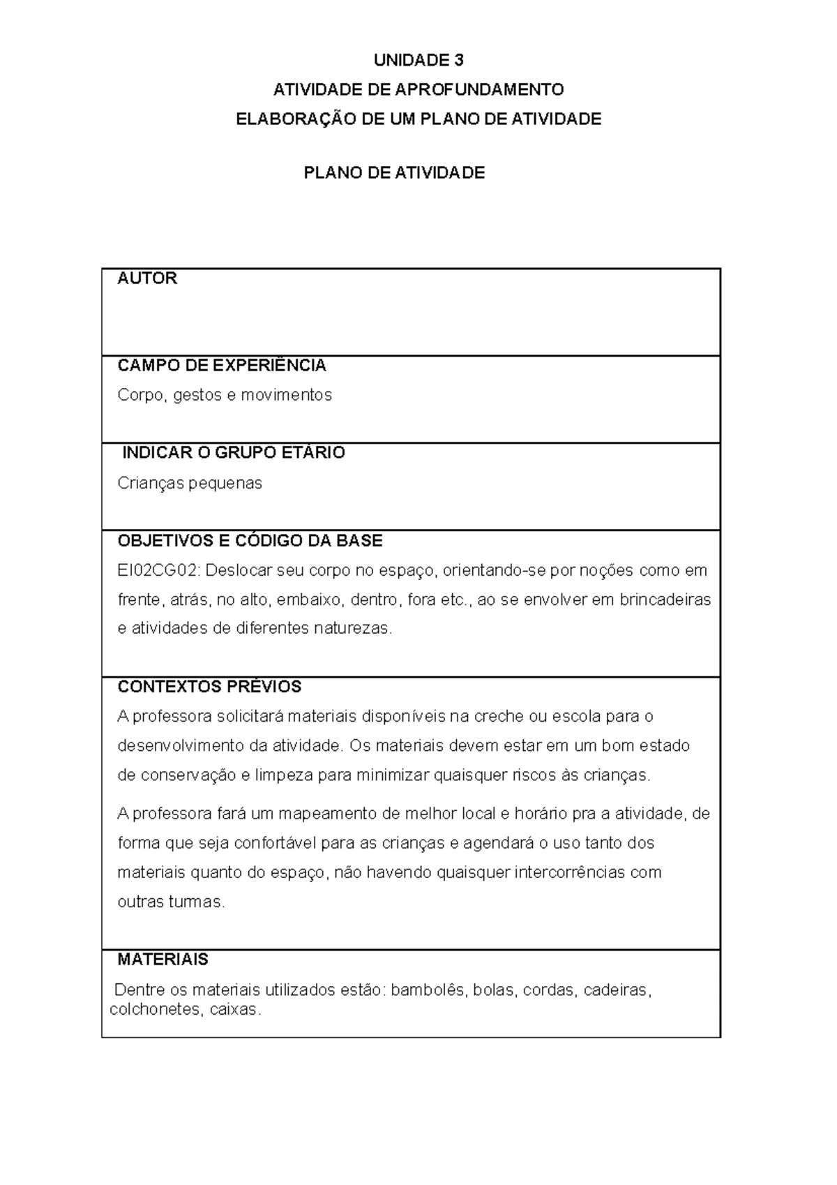 Prática de Ensino em Educação Infantil - Modelo Atividade III - Plano ...