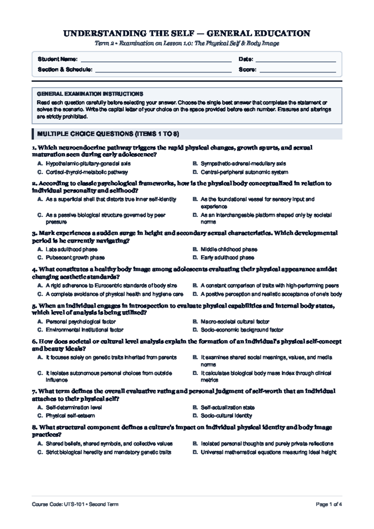UTS General Education Term 2 Exam: Lesson 1.0 - The Physical Self - Studocu