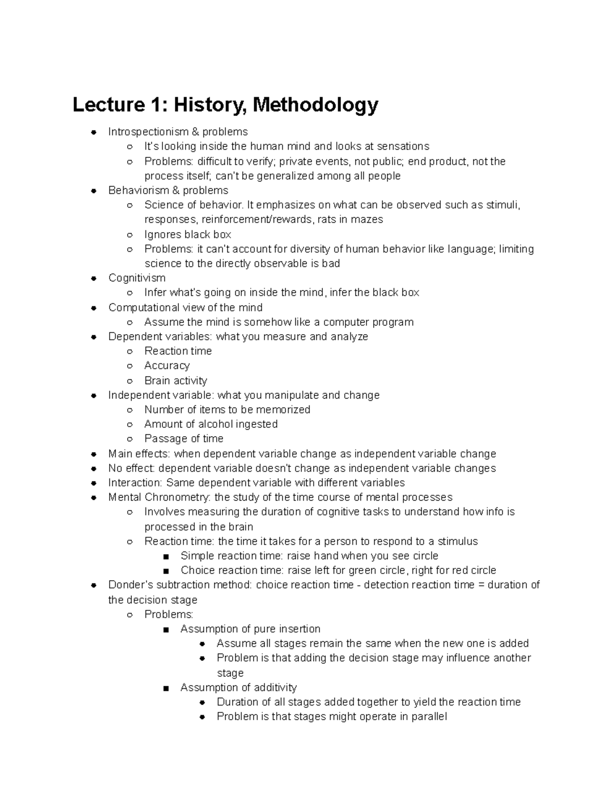 Psych 240 Notes - Lecture 1: History, Methodology Introspectionism ...