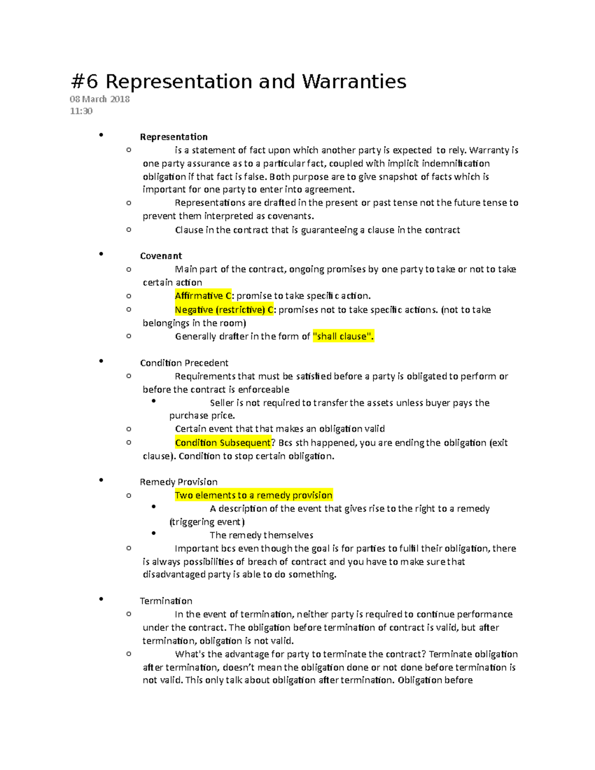 6 Representation and Warranties Overview and Key Concepts - Studocu