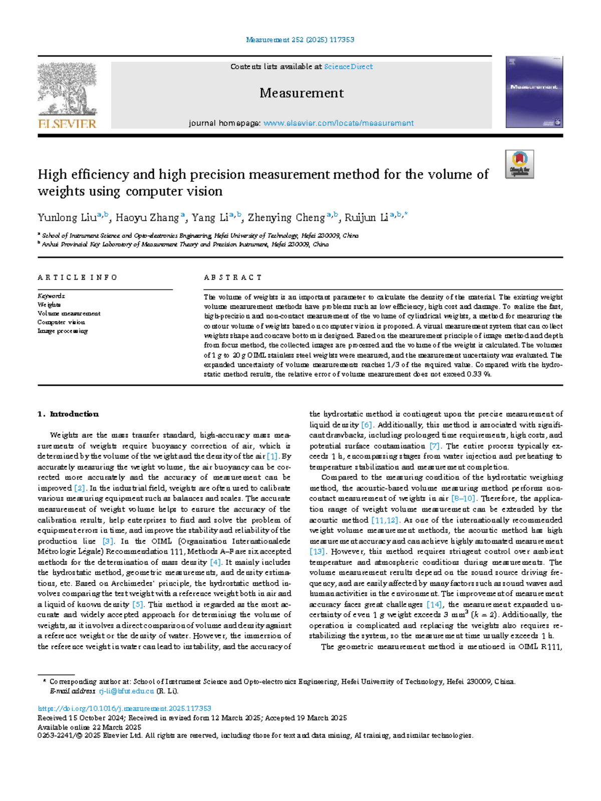 High Precision Volume Measurement of Weights Using Computer Vision ...