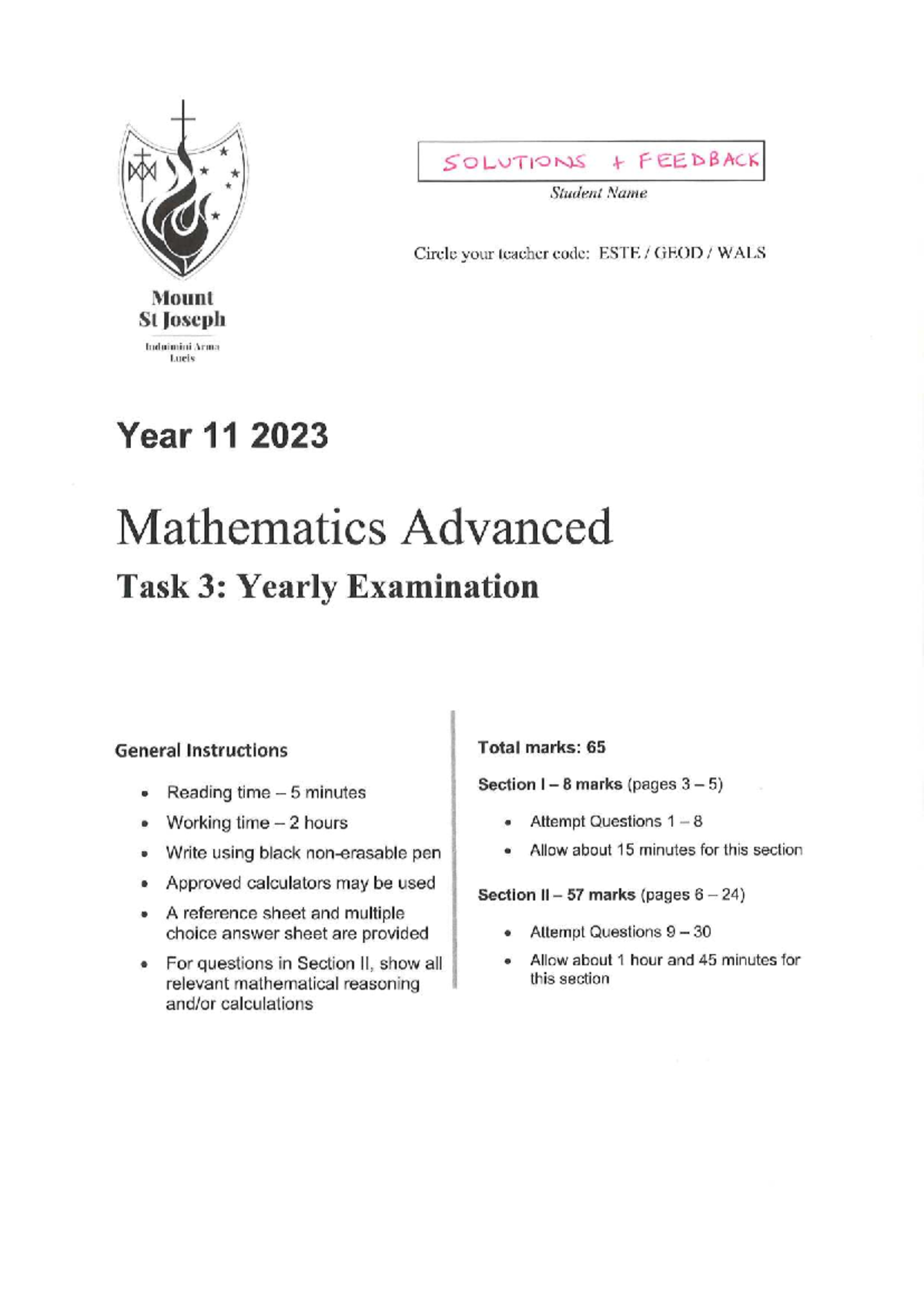 Maths Advanced Task 3: Yearly Exam Solutions - Year 11 2023 - Studocu