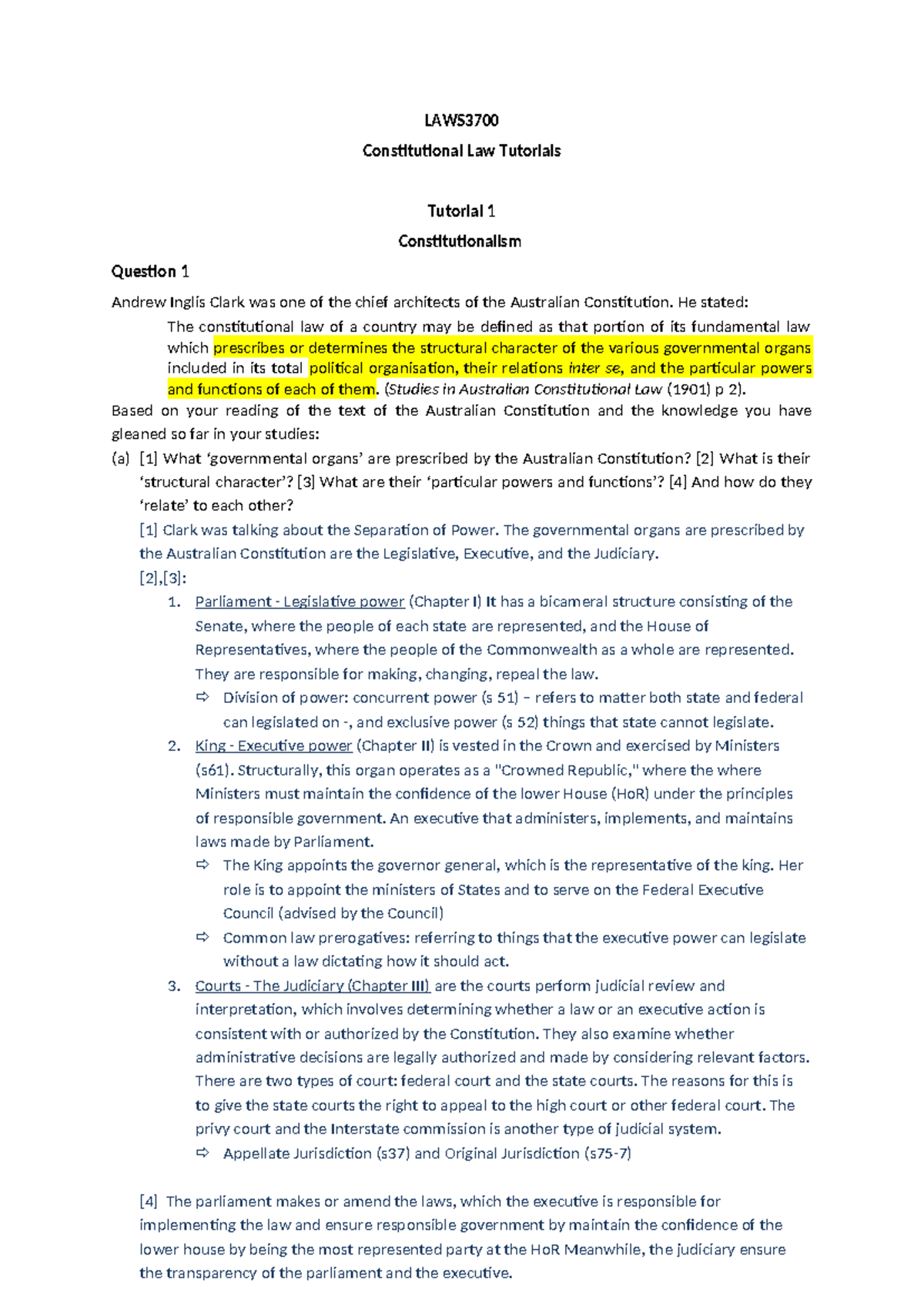 LAWS3700 Constitutional Law Tutorials: Week 1 Overview and Key Concepts ...