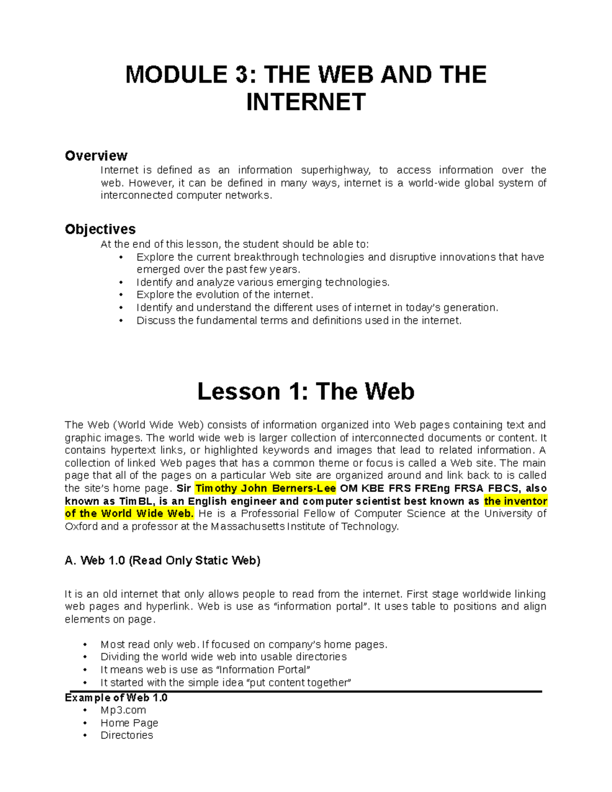 Web - Living in IT ERA - MODULE 3: THE WEB AND THE INTERNET Overview ...