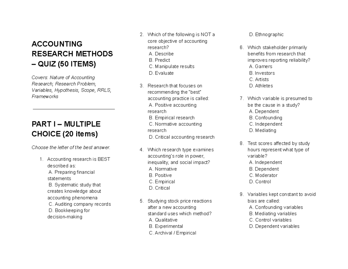 ACCOUNTING RESEARCH METHODS QUIZ (50 ITEMS) - ARM Quiz - Studocu