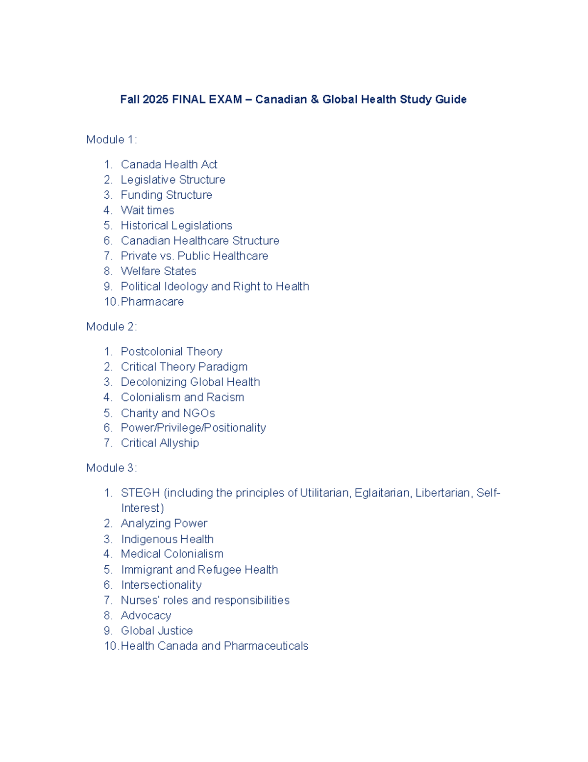 Fall 2025 FINAL EXAM Study Guide: Canadian Global Health Modules - Studocu