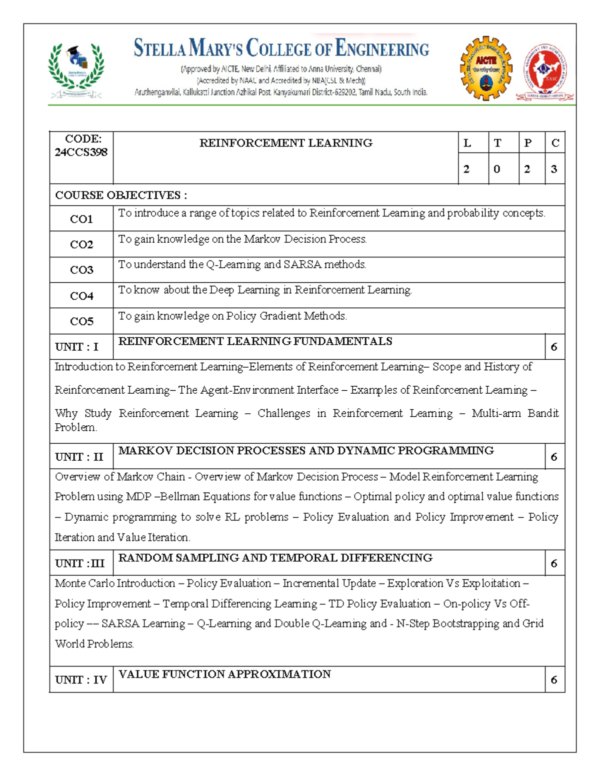 24CCS398 Final Exam Notes on Reinforcement Learning - Studocu