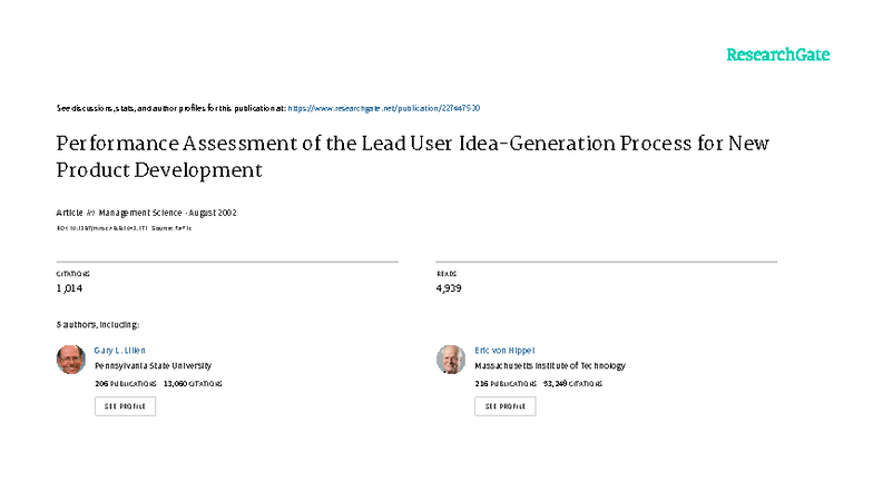 Performance Assessment of the Lead User Process in NPD (MGMT 2002 ...