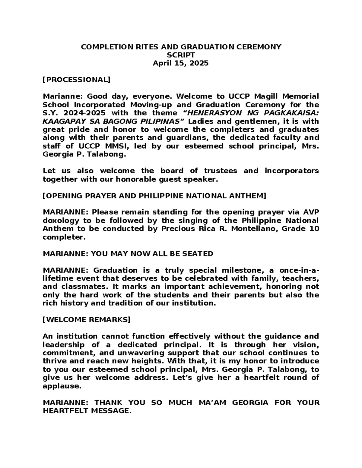 UCCP MMSI Graduation Ceremony Script - April 15, 2025 - Studocu