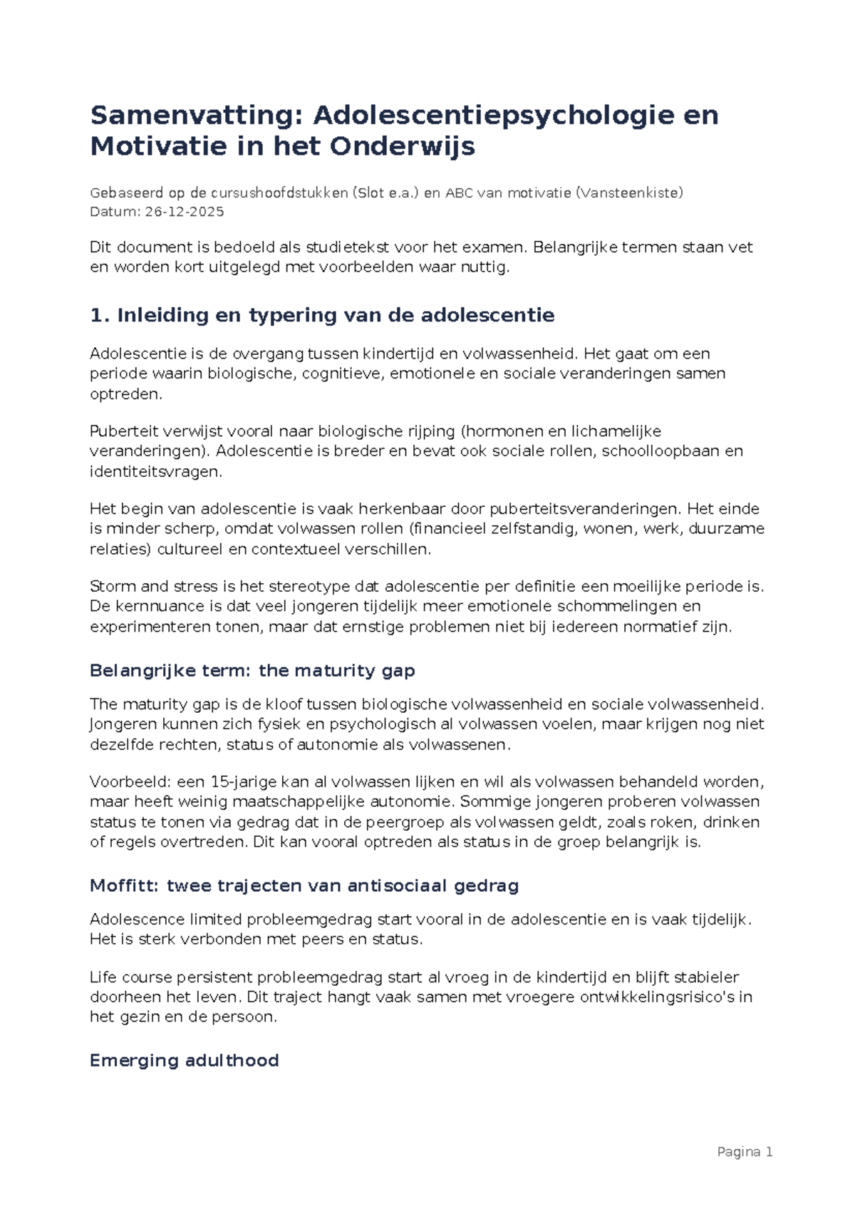 Samenvatting: Adolescentiepsychologie en Motivatie in het Onderwijs ...
