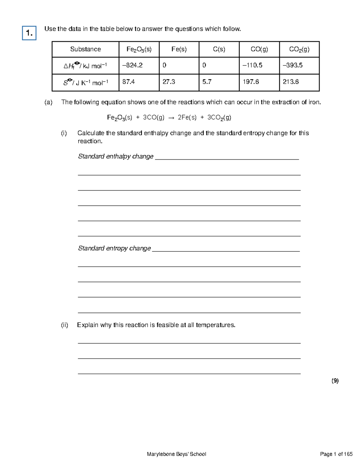 Thermodynamics Questions and Calculations for AS Chemistry (CHEM 101 ...