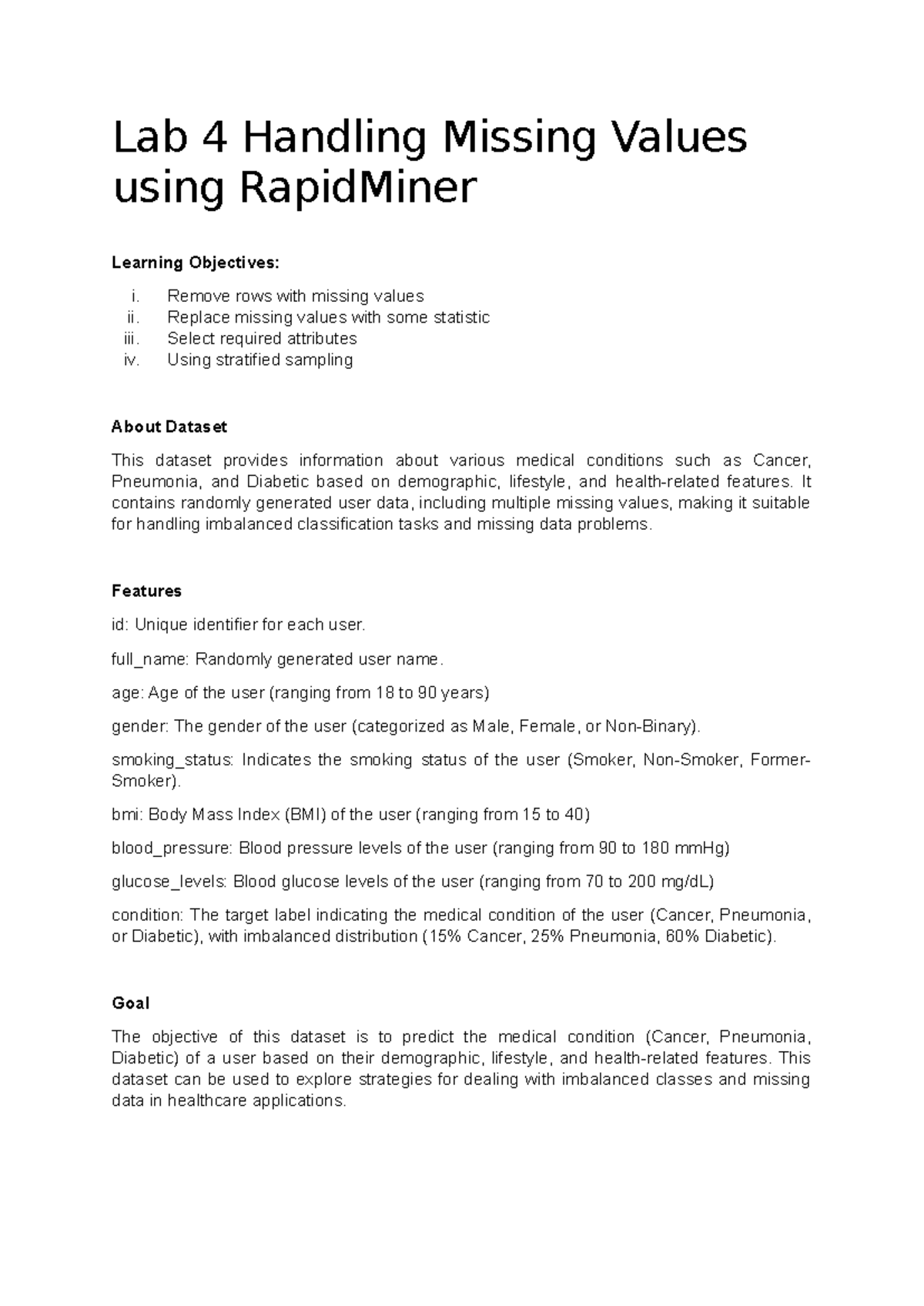 Lab 4: Handling Missing Values in RapidMiner (3) - Studocu