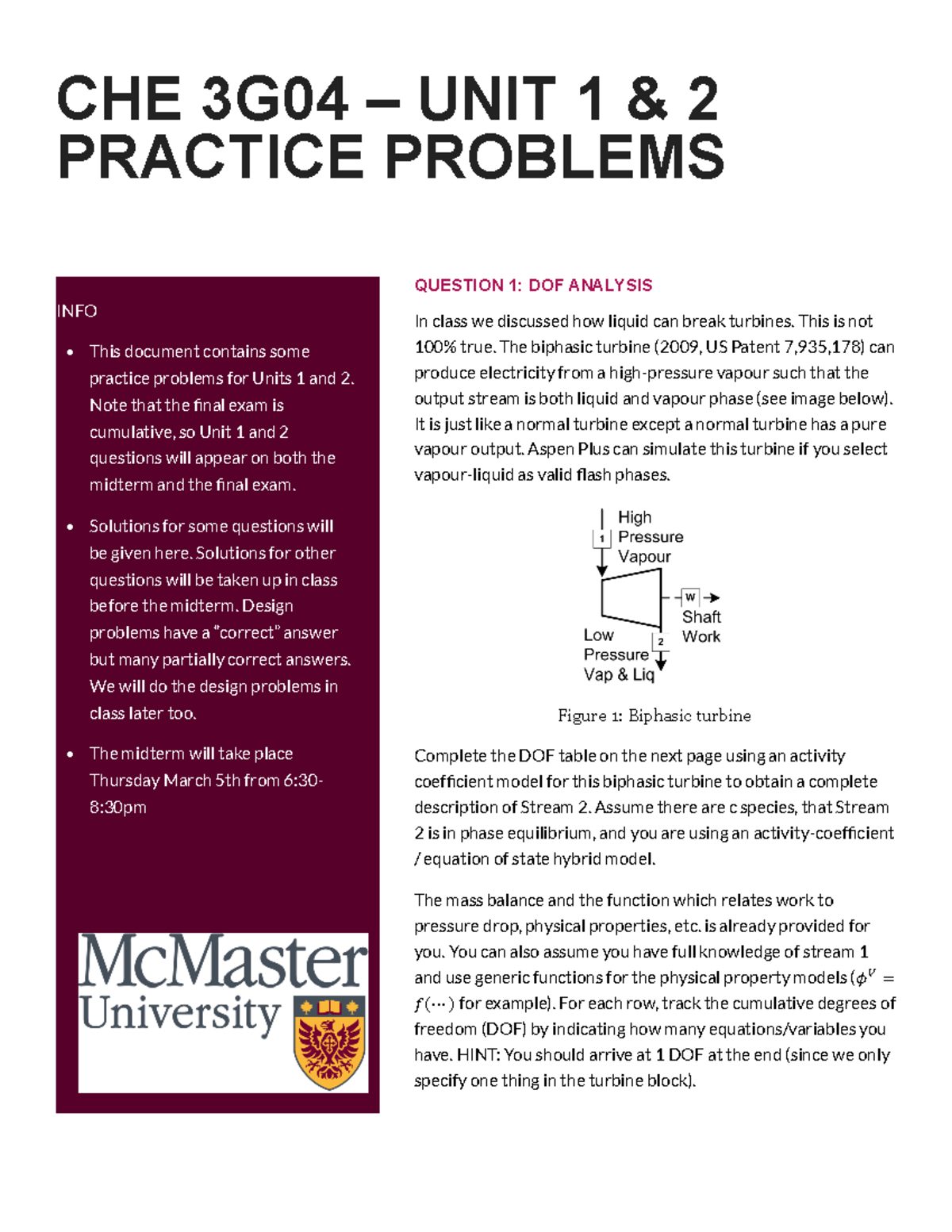 CHE 3G04 Practice Problems for Units 1 & 2 - Exam Prep - Studocu