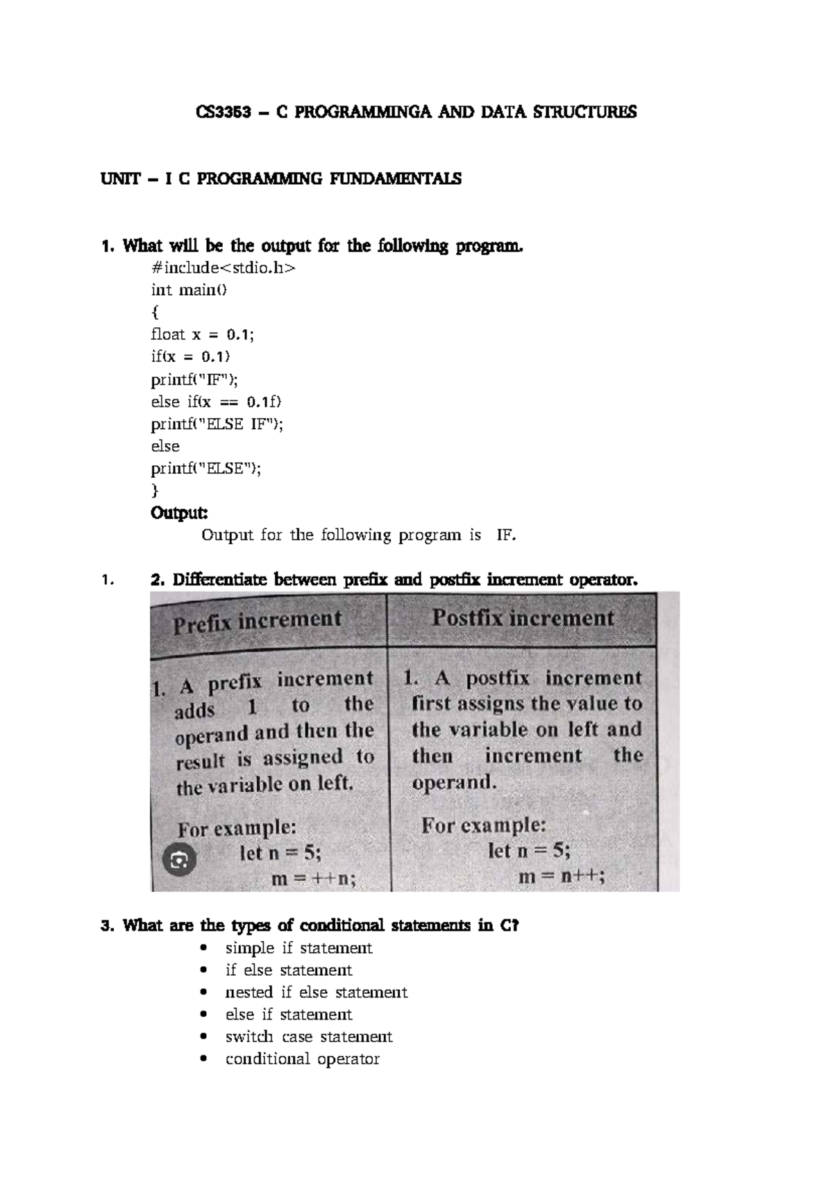 Cs3353 C Programming Data Structures Unit I Fundamentals Studocu