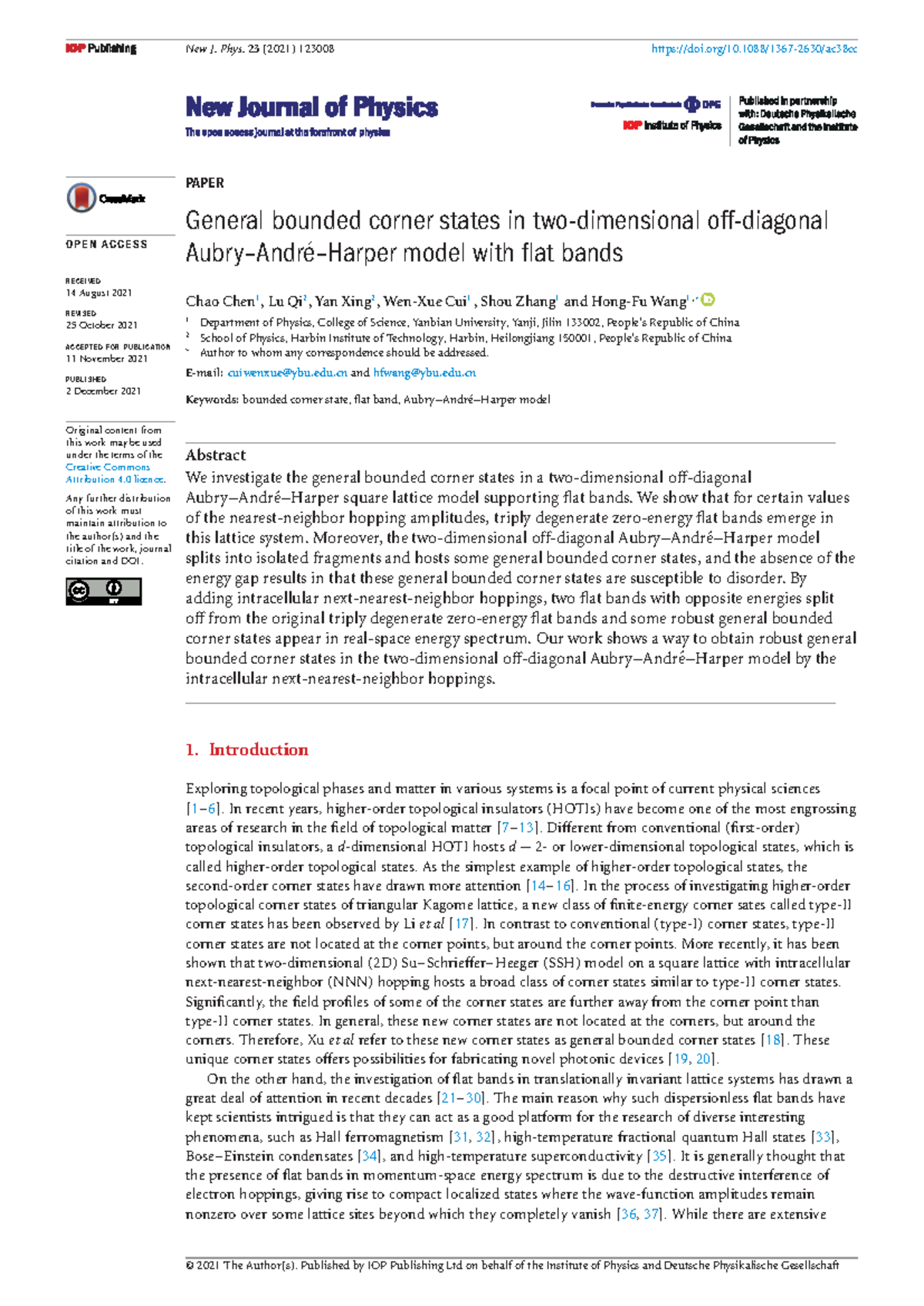 General Bounded Corner States in 2D AAH Model with Flat Bands (2021 ...
