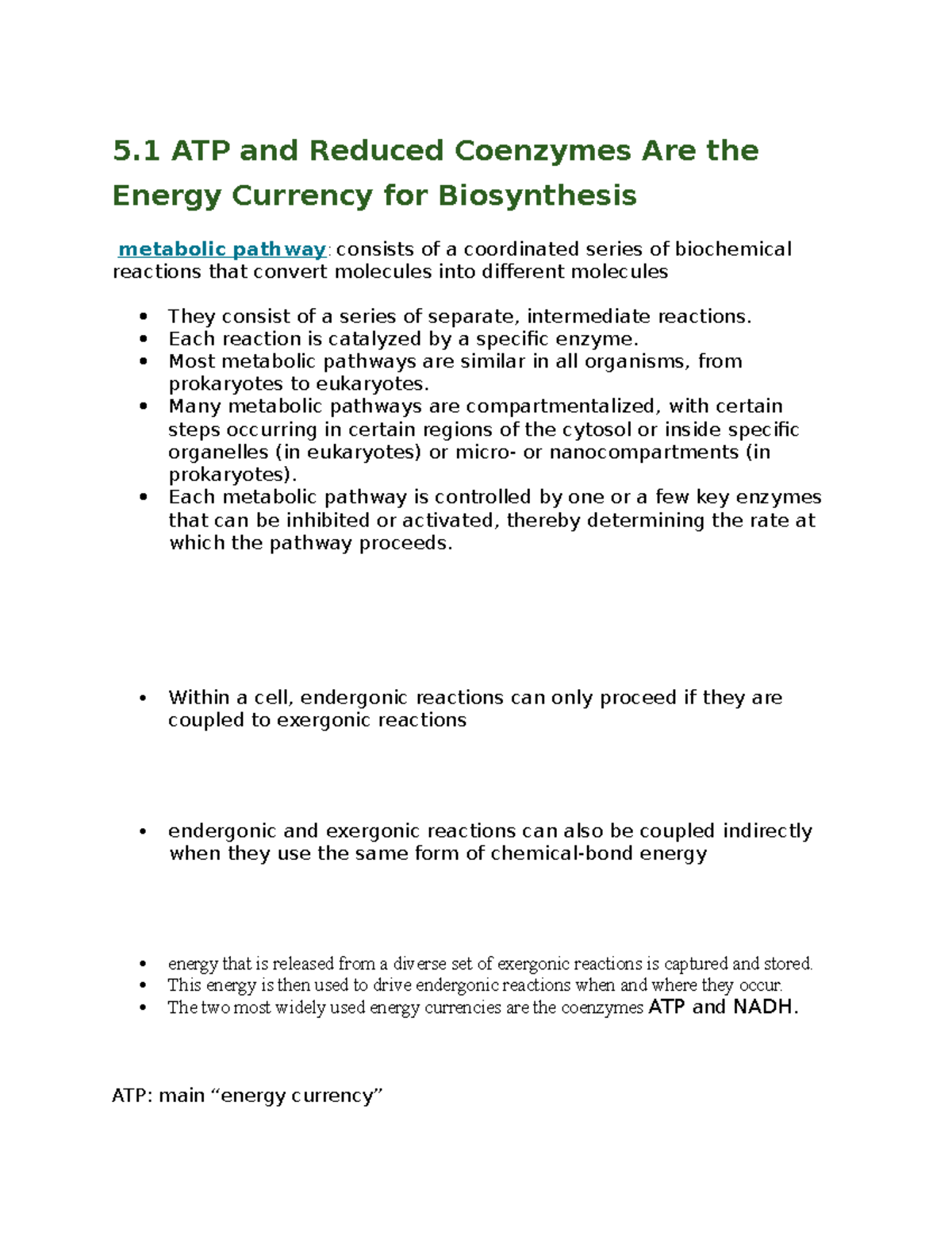 Chapter 5 - Summary Principles of Life - 5 ATP and Reduced 