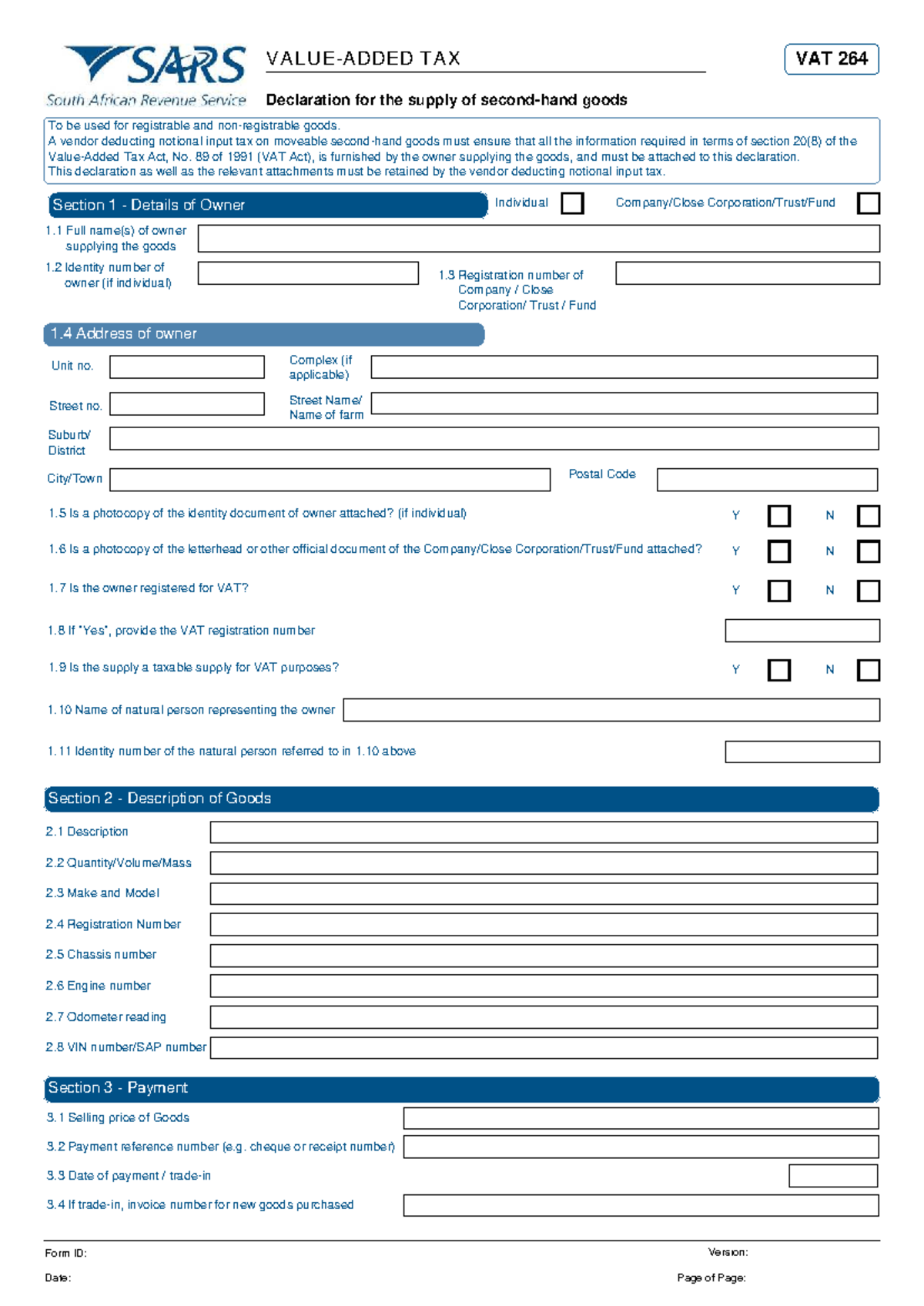 VAT 264 Declaration for Supply of Second-Hand Goods - Studocu