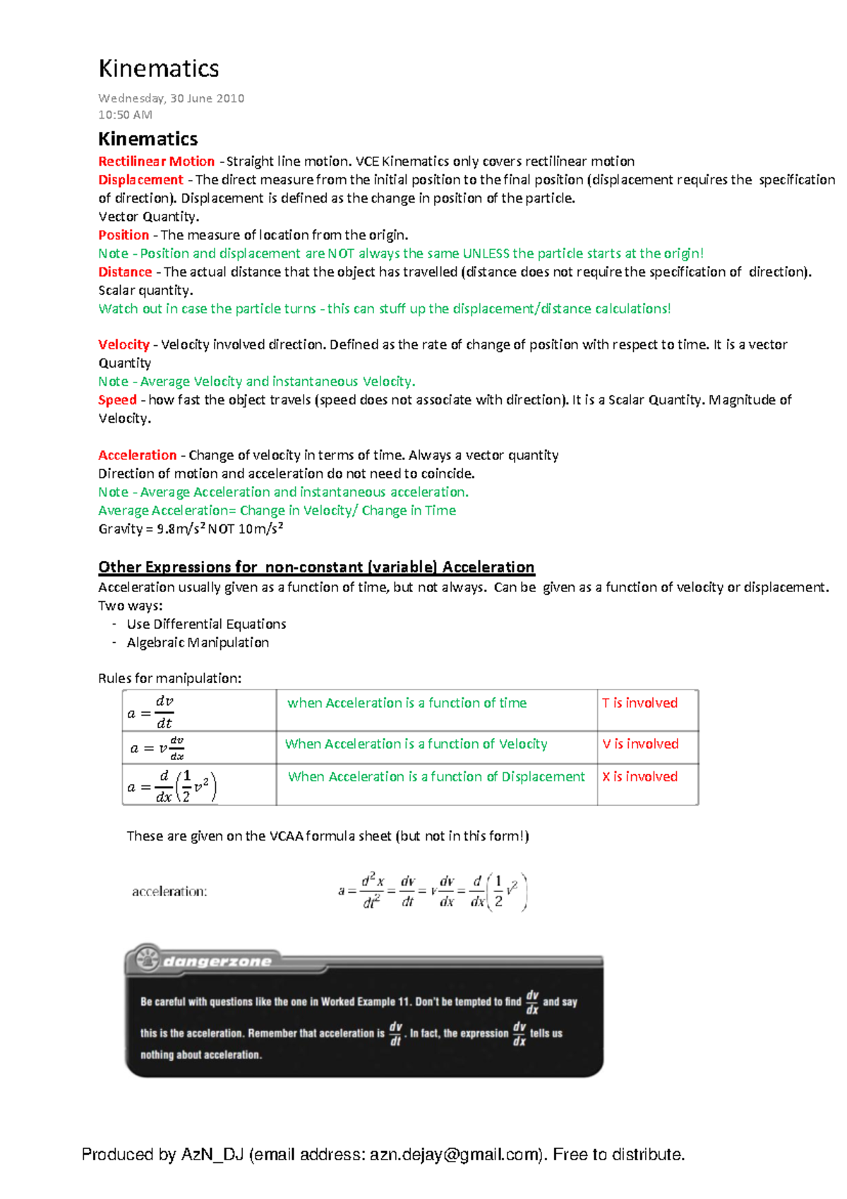 VCE Physics Kinematics Notes: Rectilinear Motion Concepts - Studocu