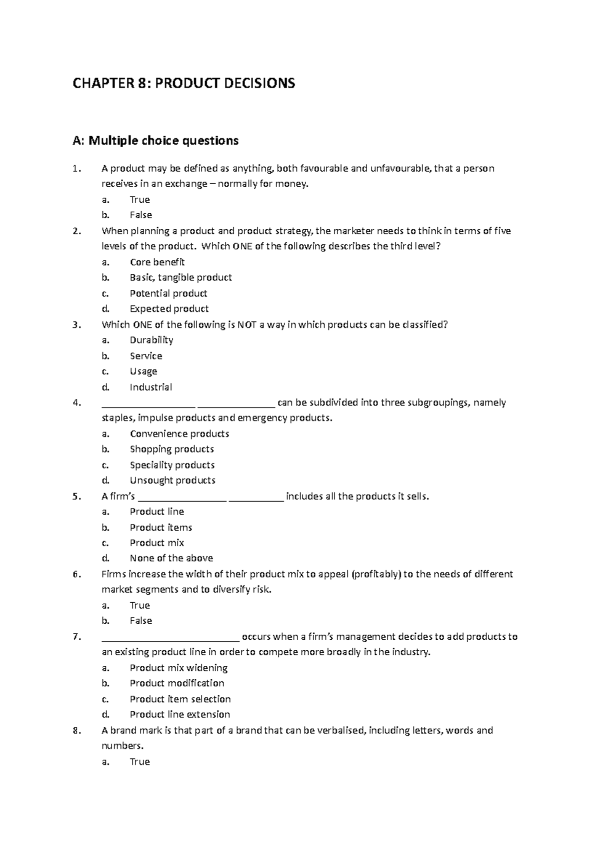 Chapter 8: Product Decisions Practice Questions and Answers - Studocu