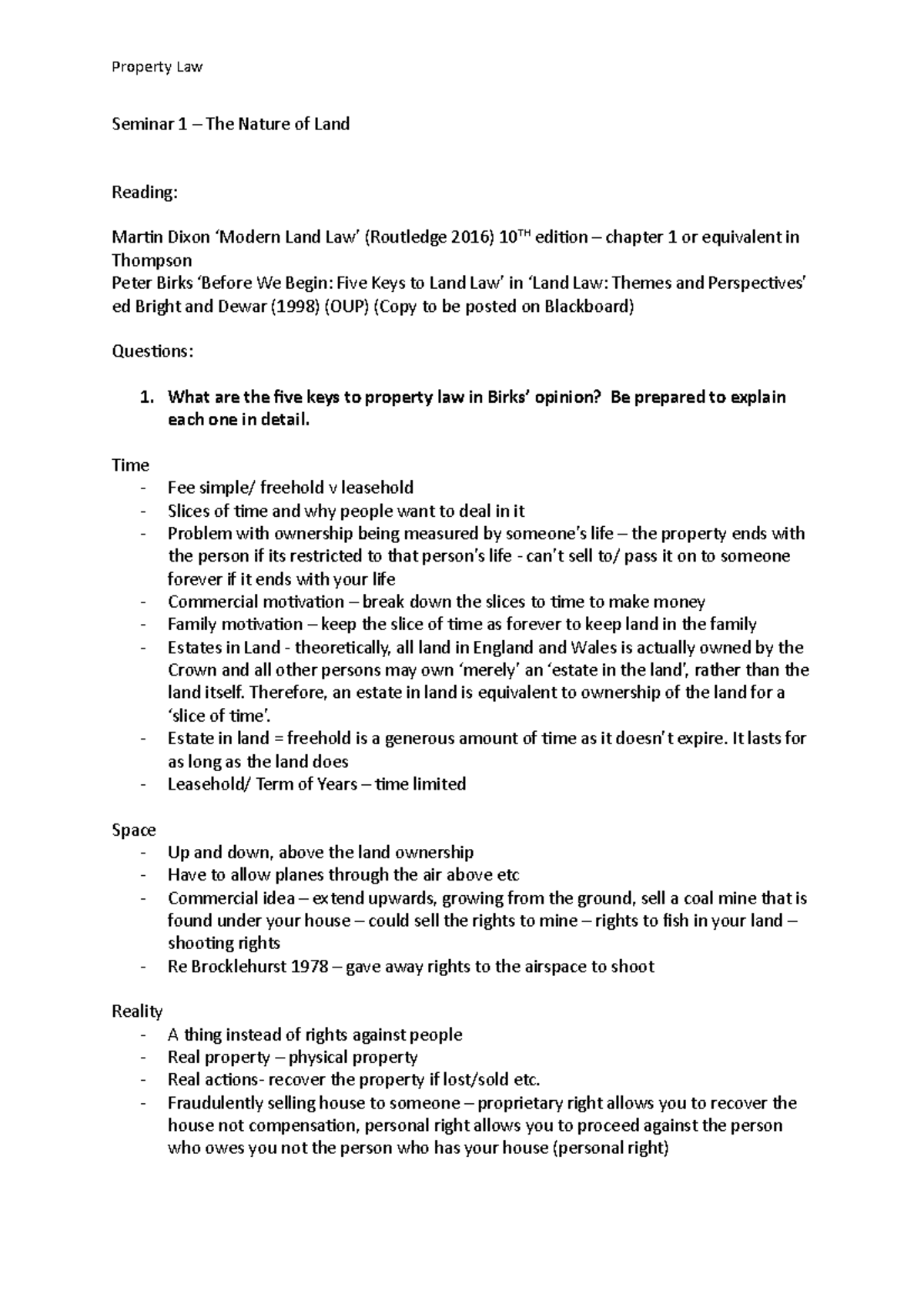 S1 - Seminar 1: Understanding Land Law Concepts and Principles - Studocu