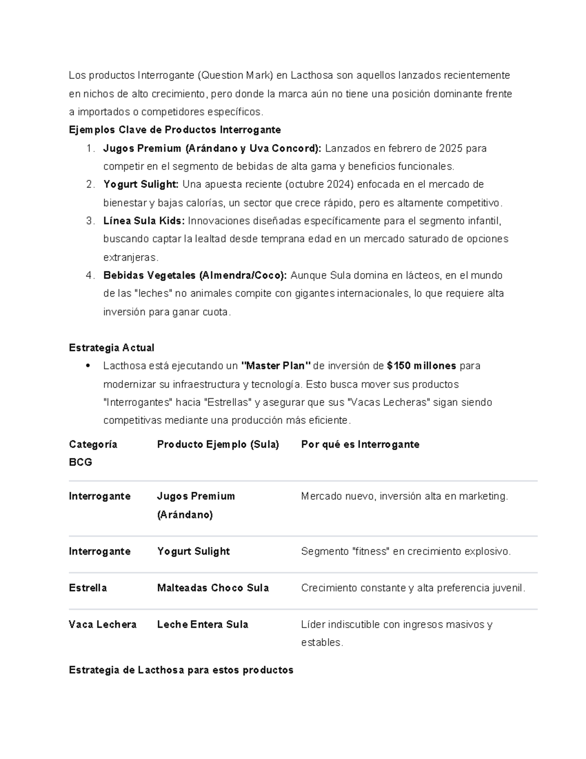 Productos Interrogantes de Lacthosa: Estrategias y Ejemplos Clave - Studocu