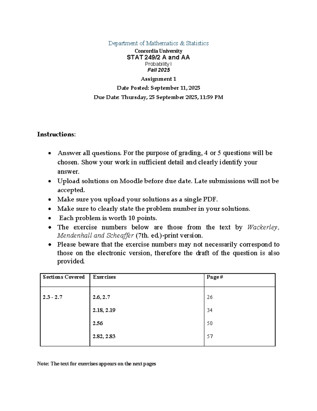 STAT A/AA Probability I Fall 2025 Assignment 1 Instructions & Exercises ...