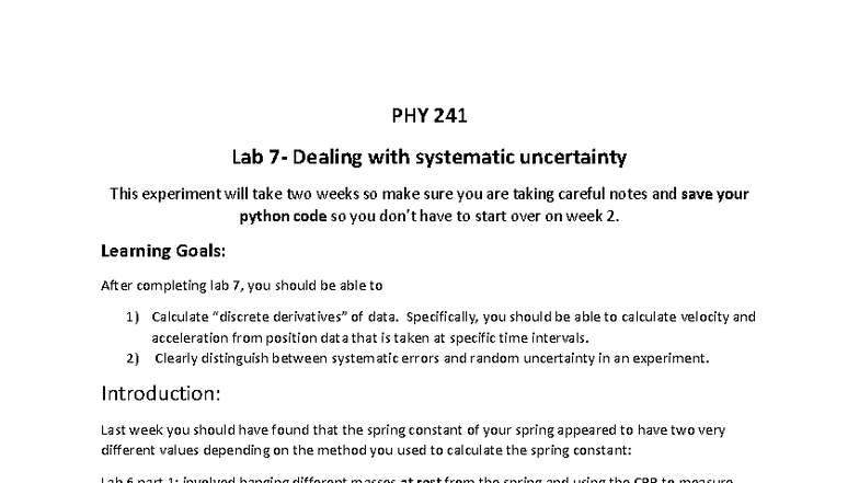 PHY 241 Lab 7: Analyzing Systematic Uncertainty in Experiments - Studocu