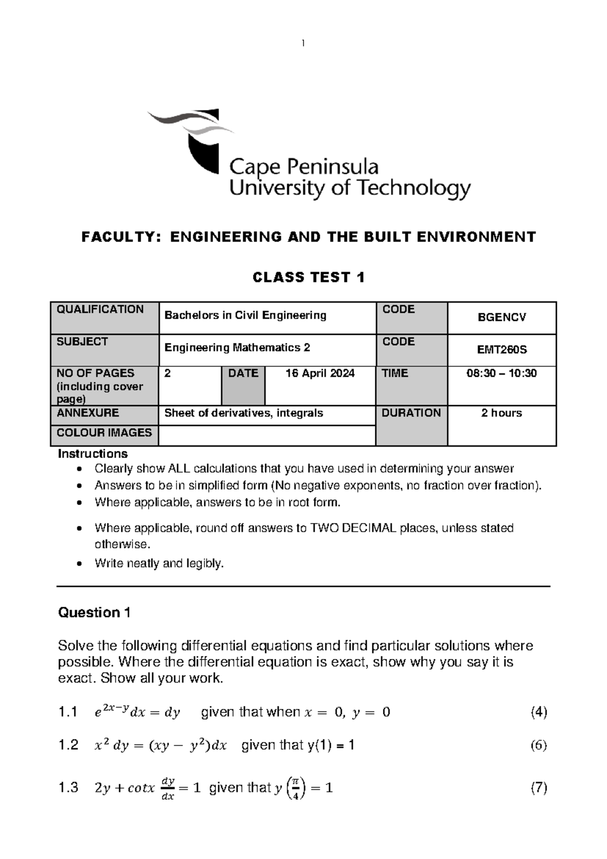 BGENCV EMT260S Class Test 1 - Engineering Math, 16 April 2024 - Studocu