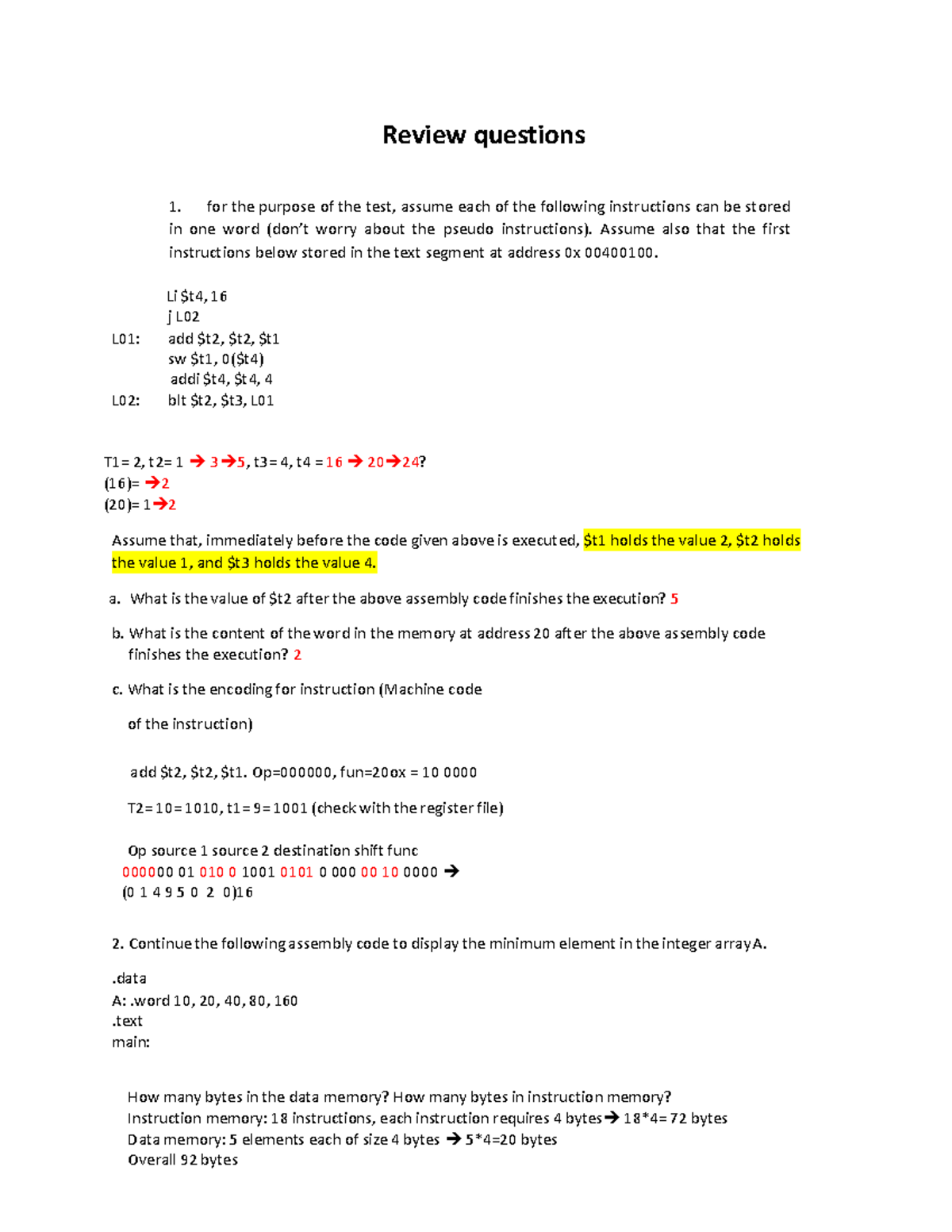 Review Questions 1: Assembly Code Execution & Memory Analysis (CS101 ...