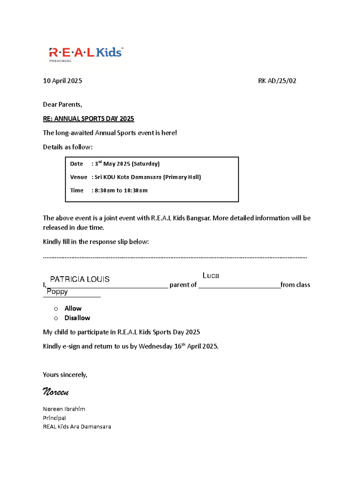 Sports Day consent form for R.E.A.L Kids 2025 event - Studocu