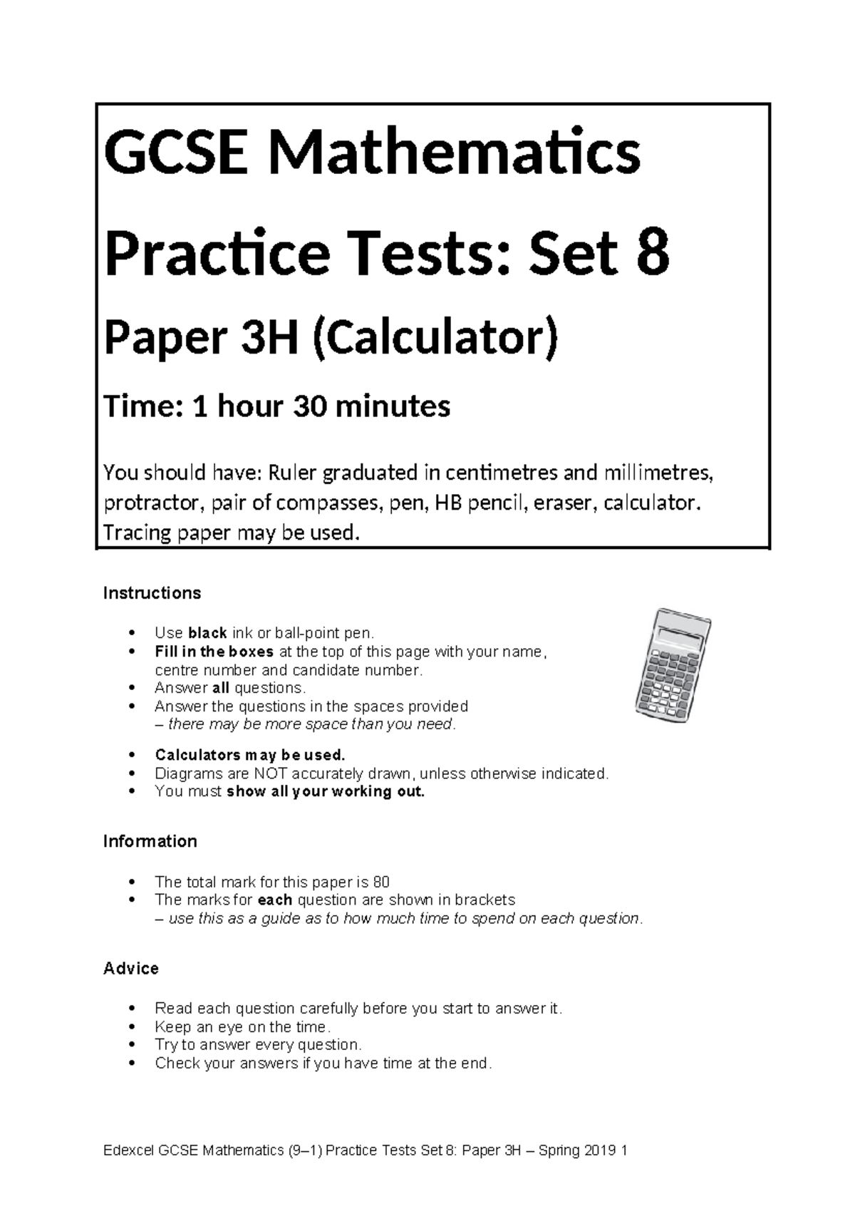 GCSE Math Practice Tests - Set 8 Paper 3H (Calculator) - Studocu