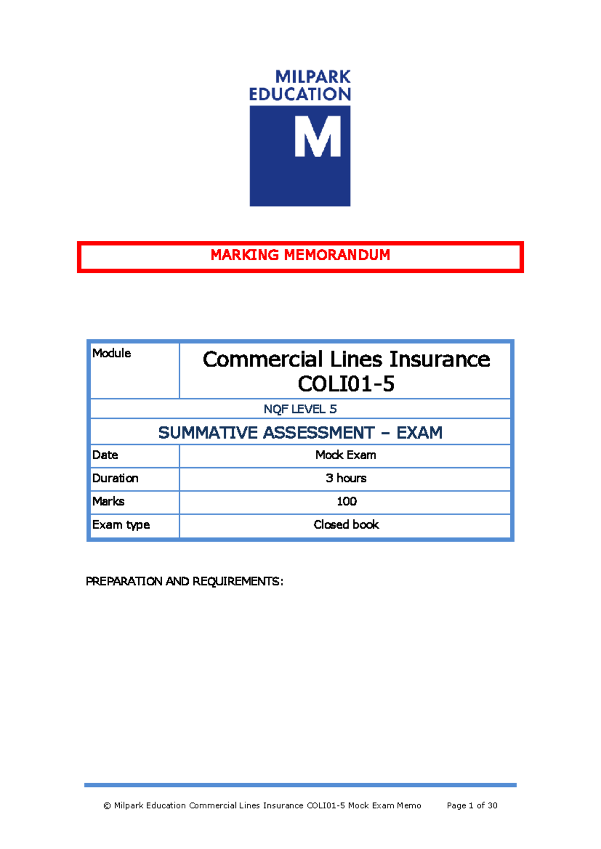 Commercial Lines Insurance Mock Exam Memorandum COLI01-5 - Studocu