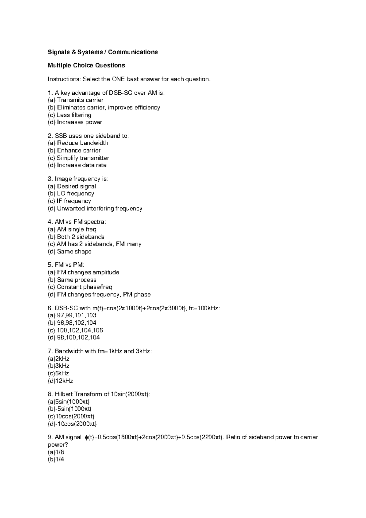 Signals & Systems Comm. MCQs for Exam Preparation - Studocu