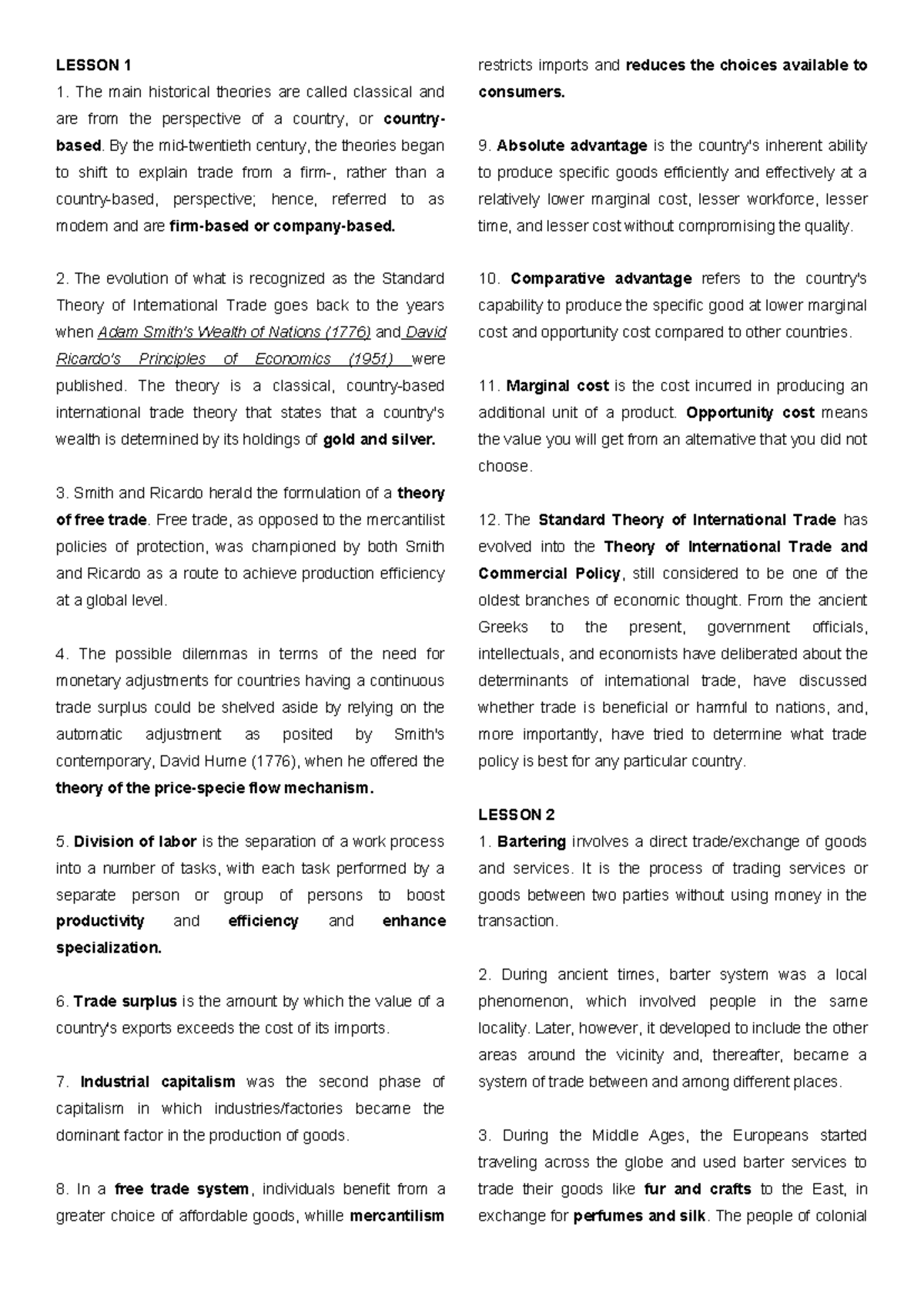 IBT Prelims Summary: Key Concepts in International Trade Theories - Studocu