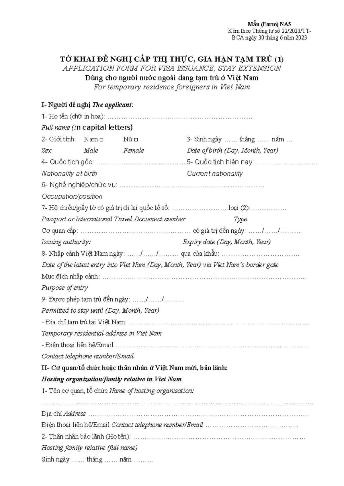 Mau na5 to khai de nghi cap thi thuc gia han visa cho nguoi nuoc ngoai ...