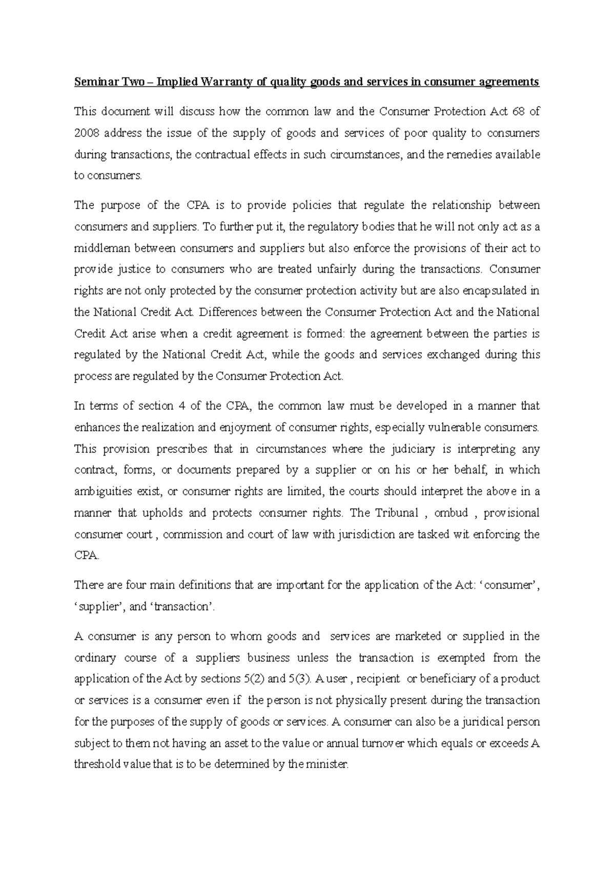 Seminar Two: Implied Warranty of Quality in Consumer Agreements - Studocu