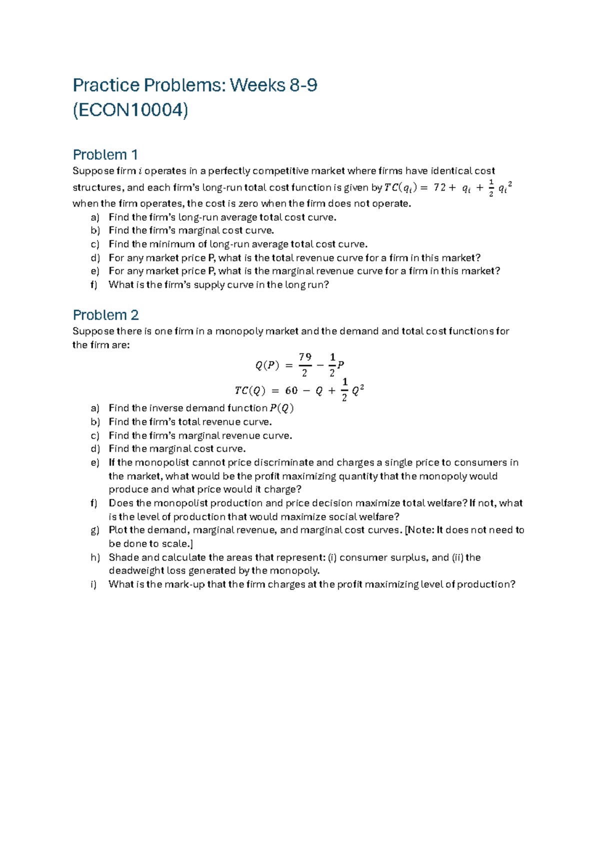 Practice Problems: Weeks 8-9 - Perfect Competition & Monopoly Analysis ...