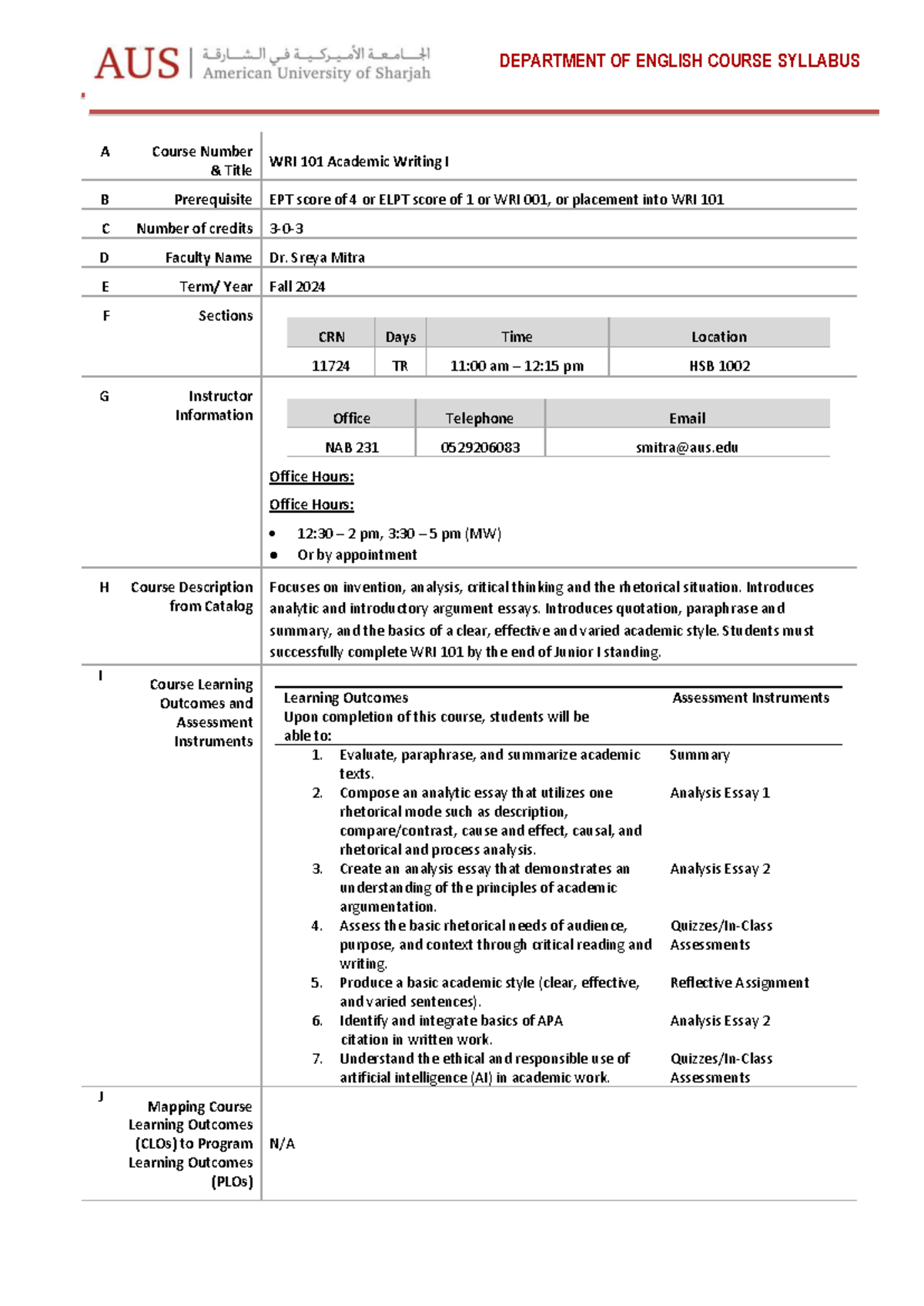 WRI 101 Fall 2024 syllabus: Academic writing I by Dr. Sreya Mitra - Studocu