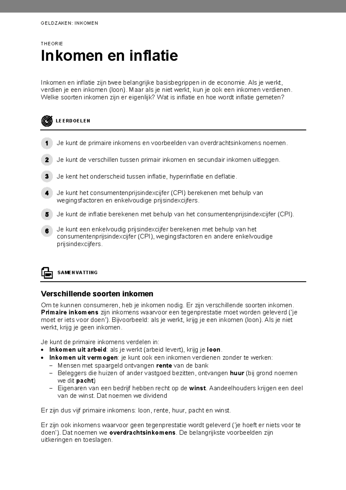 GELDZAKEN: INKOMEN EN INFLATIE THEORIE T10179 - Studeersnel