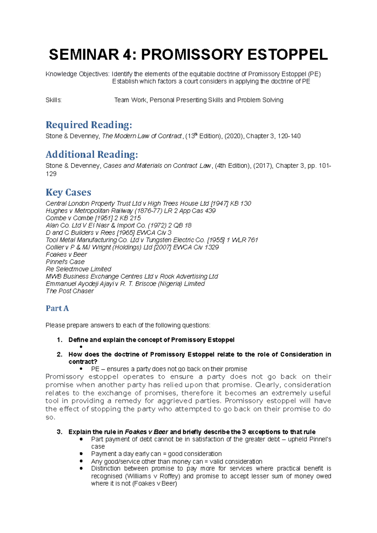 Seminar 4 PREP Questions - SEMINAR 4: PROMISSORY ESTOPPEL Knowledge ...